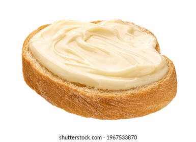 Slice of bread with cream cheese isolated on white background, toast with melted cheese