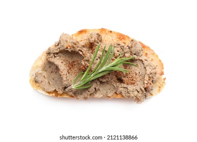 Slice of bread with delicious pate and rosemary isolated on white, top view