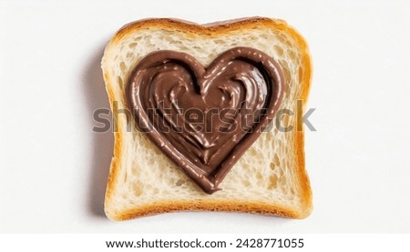 Slice of bread with love chocolate spread isolated on white background, top view.