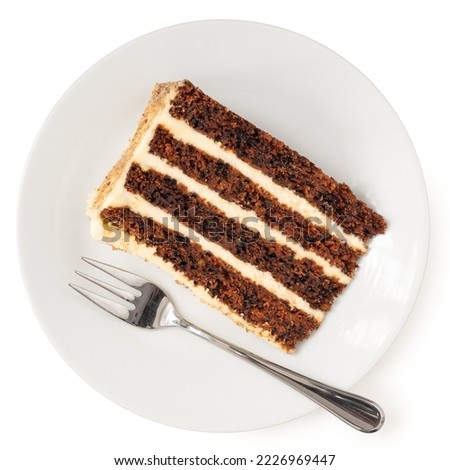 Slice of carrot cake with cream cheese filling and frosting on white plate with fork isolated on white. Top view.