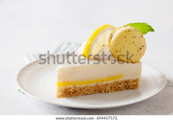 Slice Cheesecake Lemon Filling Decorated Macarons Stock Photo