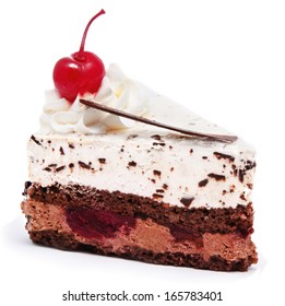 Slice Of Chocolate Cake With Cherry On The Top Isolated On A White Background