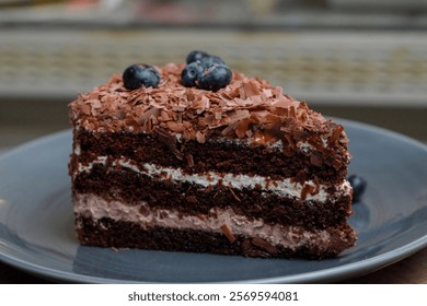 Slice of Chocolate Cake on the plate isolated at the restaurant. Close up top side view. Delicious Cake served on the plate. Slice of creamy cake professional stock photo at the restaurant