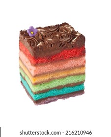 Slice Of Chocolate Rainbow Cake Isolated On White Background 