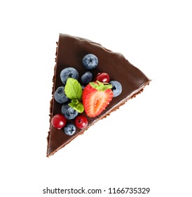 Slice Of Chocolate Sponge Cake With Berries On White Background, Top View