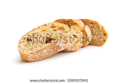 Slice of ciabatta bread isolated on white background.