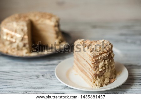 Slice Confectionery Napoleon Cake. Portion of Custard Cream Dessert copy space. Crumbs Around Plate. Bakery Tasty Sweet Dish Closeup