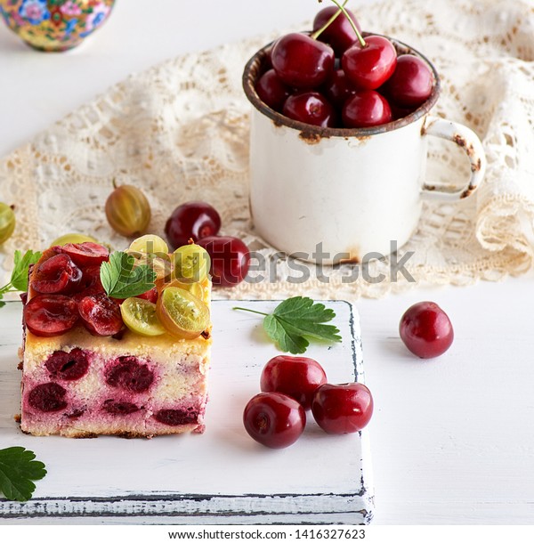 Slice Cottage Cheese Cake Cherry Berries Stock Photo Edit Now