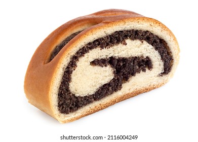 Slice of Czech poppy seed strudel isolated on white.