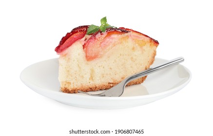 Slice Of Delicious Cake With Plums Isolated On White