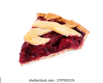 Slice of delicious fresh cherry pie isolated on white