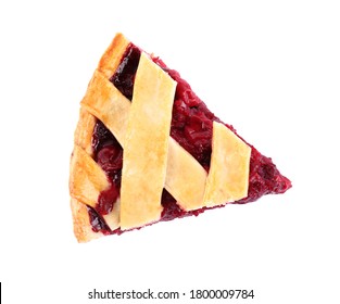 Slice Of Delicious Fresh Cherry Pie Isolated On White, Top View