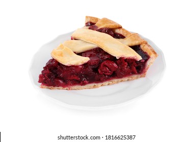 Slice Of Delicious Fresh Cherry Pie Isolated On White