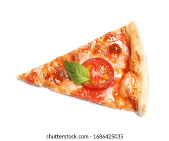 Slice Of Delicious Pizza Margherita Isolated On White, Top View