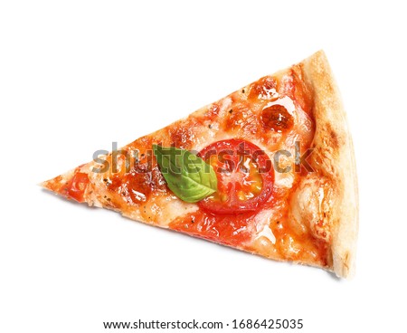 Slice of delicious pizza Margherita isolated on white, top view