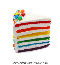 Slice Of Delicious Rainbow Cake On White Background