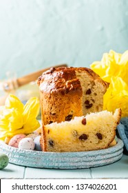 Slice Of Easter Orthodox Sweet Bread, Kulich End Quail Eggs. Holidays Breakfast Concept.