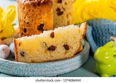 Slice Of Easter Orthodox Sweet Bread, Kulich End Quail Eggs. Holidays Breakfast Concept.