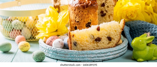 Slice Of Easter Orthodox Sweet Bread, Kulich End Quail Eggs. Holidays Breakfast Concept. Banner.