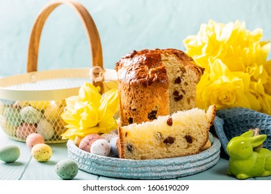 Slice Of Easter Orthodox Sweet Bread, Kulich End Quail Eggs. Holidays Breakfast Concept.