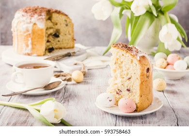 Slice Of Easter Orthodox Sweet Bread, Kulich End Quail Eggs. Holidays Breakfast. Retro Style Toned.