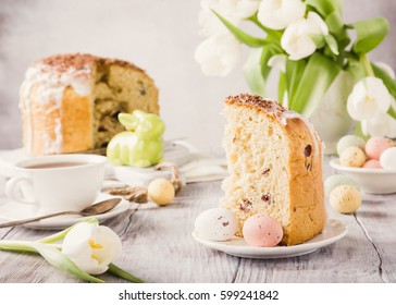 Slice Of Easter Orthodox Sweet Bread, Kulich End Quail Eggs. Holidays Breakfast. Retro Style Toned.