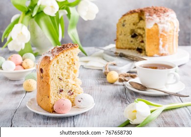 Slice Of Easter Orthodox Sweet Bread, Kulich End Quail Eggs. Holidays Breakfast Concept.