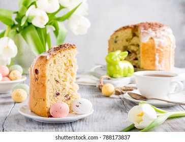 Slice Of Easter Orthodox Sweet Bread, Kulich End Quail Eggs. Holidays Breakfast Concept.