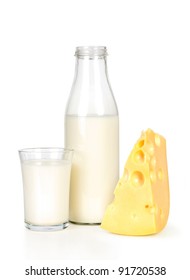 Slice Of Fresh Cheese And Milk Bottle With Glass Isolated On White Background