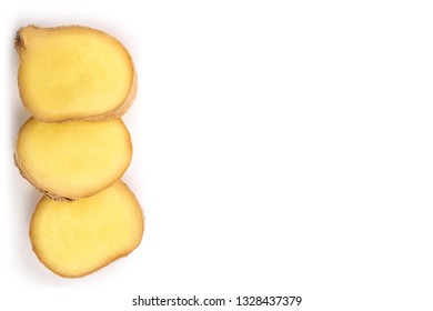 slice of fresh Ginger root isolated on white background with copy space for your text. Top view. Flat lay