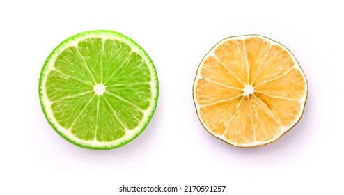Slice of fresh lime with dry lime isolated on white background , top view , flat lay. - Shutterstock ID 2170591257