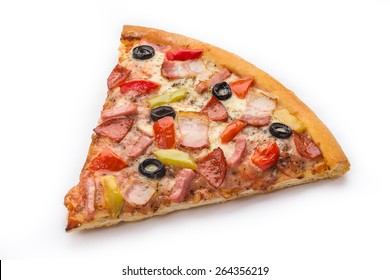 Slice Of Fresh Pizza With Vegetables & Meat Isolated On White Background