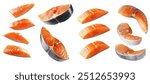 A slice of fresh raw fish, isolated on white, falling salmon, trout, steak, isolated on white background