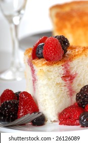 Slice Of Freshly Baked Angel Food Cake With Fresh Fruit