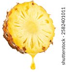Slice of ​pineapple fruit and pineapple juice dripping from it on a white background. File includes clipping path.