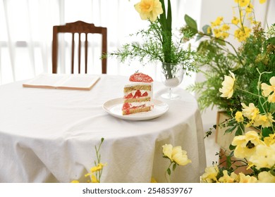 A slice of grapefruit cake is placed on a plate on the tea table. In the background, daffodils and other flowers are beautifully in bloom. - Powered by Shutterstock