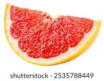 Slice of grapefruit citrus fruit isolated on white background. Grapefruit slice without shadow. Full depth of field.