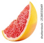 Slice of grapefruit citrus fruit isolated on white background. Grapefruit slice without shadow. Full depth of field.