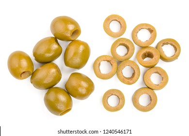 Slice Green Olives Isolated On A White Background. Top View. Flat Lay