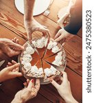 Slice, hands and pumpkin pie for meal, people and Thanksgiving with celebration, cream and dessert. Above, catering and group with food, sweet snack or family with social gathering or event in home
