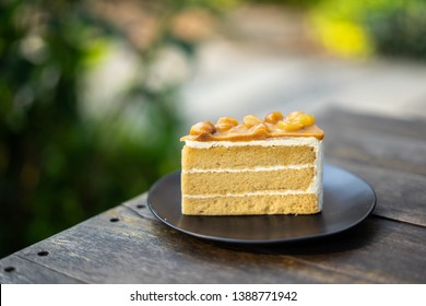 A Slice Of Homemade Macadamia Cake, Vanilla Layer Cake With Macadamia Nut Topping On A Black Plate That On The Dark Wooden Table With Blurred Green Garden Background With Copy Space.