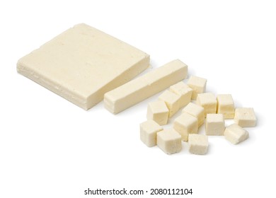 Slice Of Indian Paneer Cheese And Cubes Isolated On White Background 