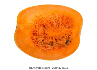 Slice of juicy orange pumpkin, top view, selective focus, isolated on white background. Pumpkin pulp with fibers and seeds, a tasty and healthy vegetable. - Powered by Shutterstock