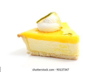 slice of lemon cheese cake isolated in white background