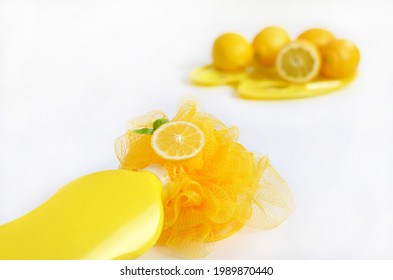 A Slice Of Lemon On A Washcloth Symbolizes A Natural Shower Gel