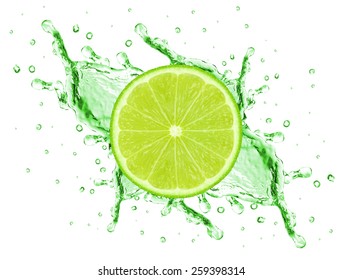 Slice And Lime Juice Splash Isolated On White