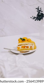 slice of mango mousse cake styled with round cut mangos on top and mint leaves vertical isolated on a white background for menu bakery restaurant