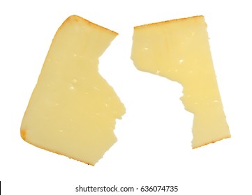 A Slice Of Muenster Cheese That Has Been Broken In Half Isolated On A White Background.