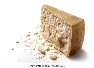 Slice Of Parmesan Cheese Over White Background