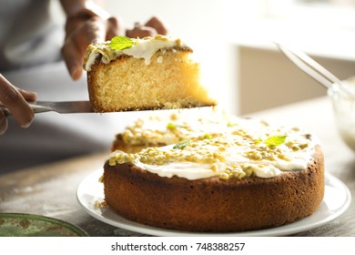 Slice Of Passion Fruit Sponge Cake / Serving, Mascarpone, Cream, Whipped